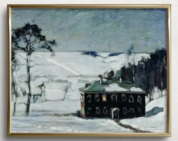 Winter Cottage Vintage Christmas Landscape Art Print