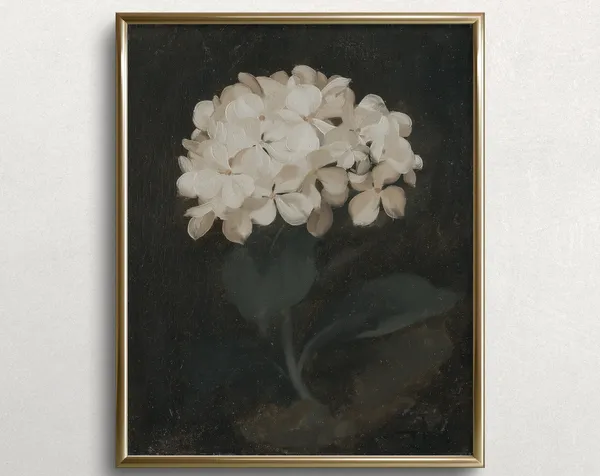 White Hydrangeas, Dark Academia Flower Art Print