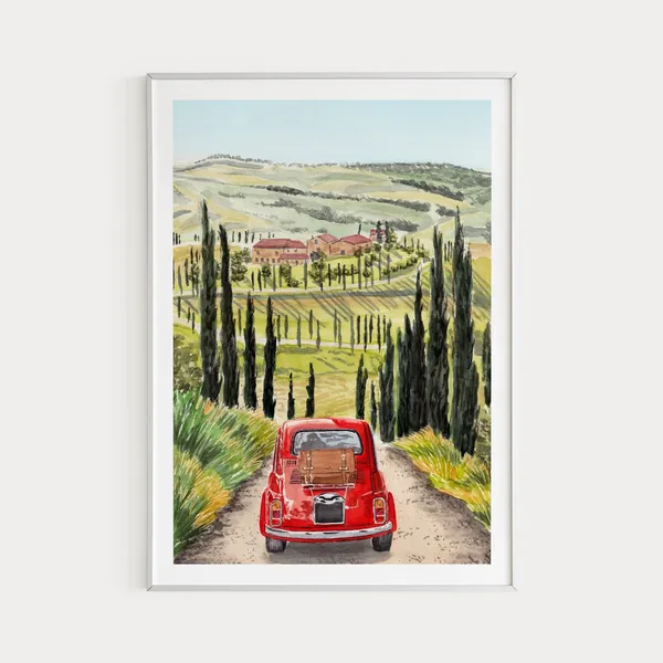 Tuscany Watercolor Travel Poster, Italy Landscape