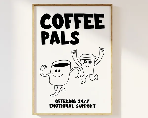 Coffee Pals Fun Illustration Kitchen Print, Retro Minimalist