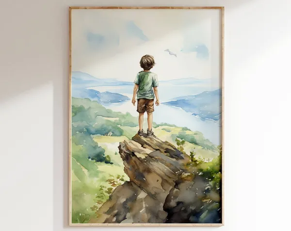 Nature Watercolor Mountain Landscape Art Print, Boys Room