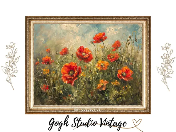 Red Poppies Flower Field, Vintage Oil Painting Art Print