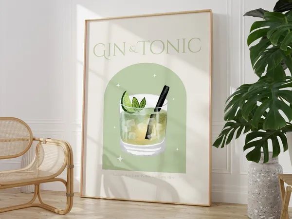 Gin Tonic Cocktail Poster for Kitchen Bar Cart
