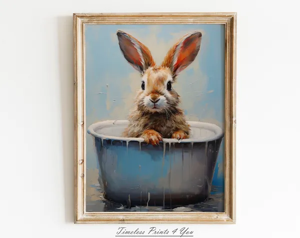 Bunny Painting Funny Bathroom Art, Vintage Print