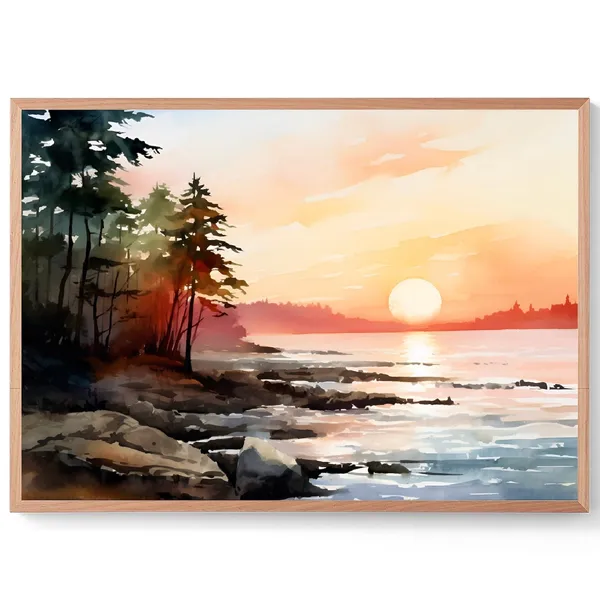 Lake Michigan Watercolor Sunset Landscape Art Print