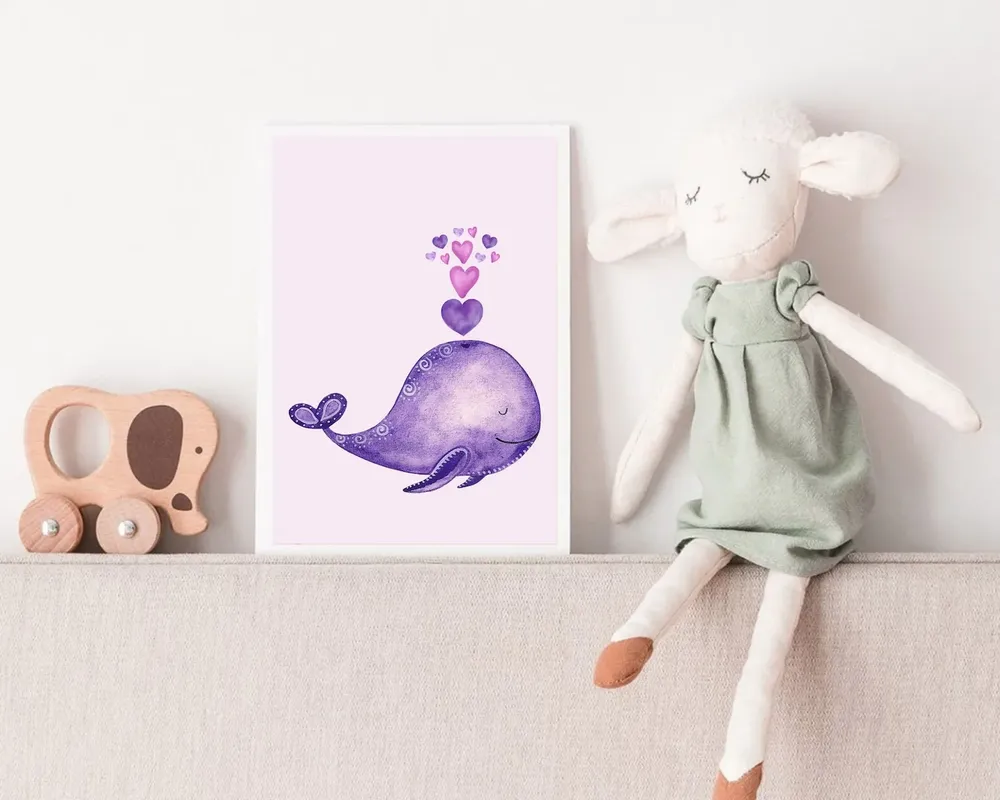 Boho Watercolor Purple Whale Nursery Art Print - Image 3