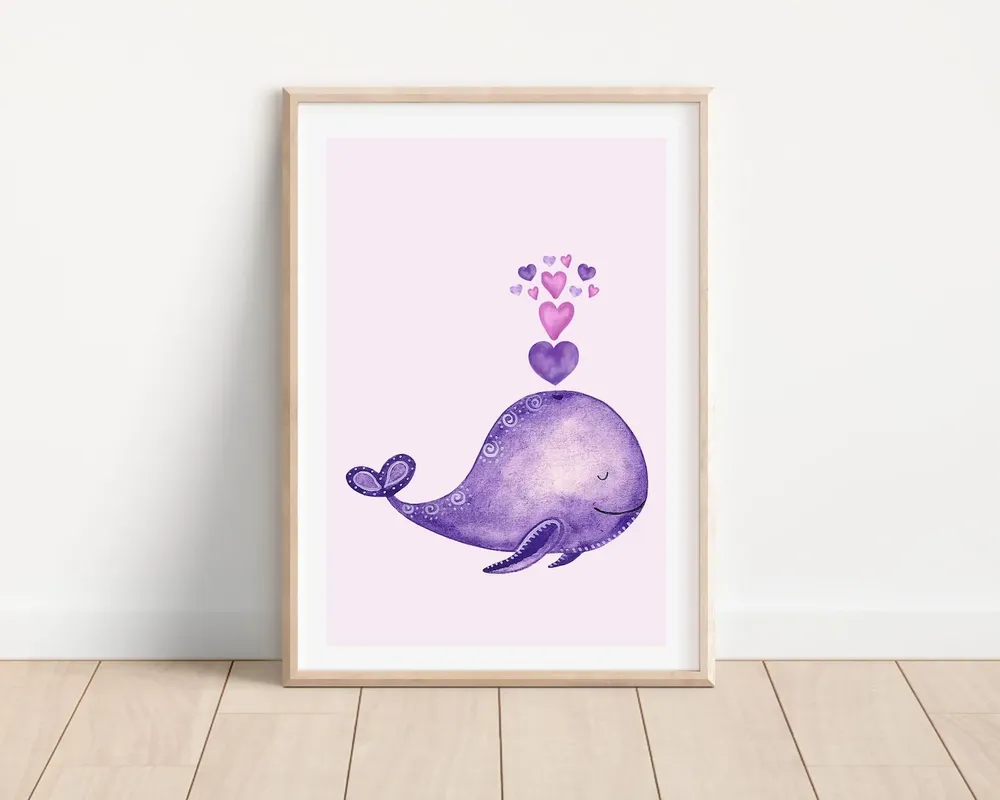 Boho Watercolor Purple Whale Nursery Art Print