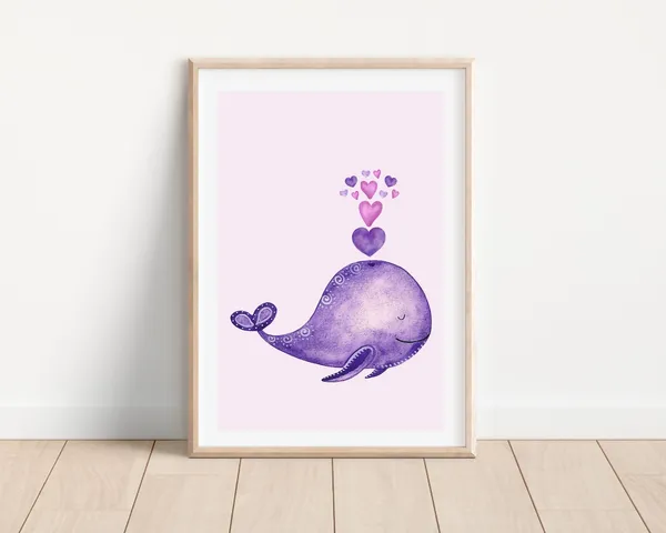 Boho Watercolor Purple Whale Nursery Art Print