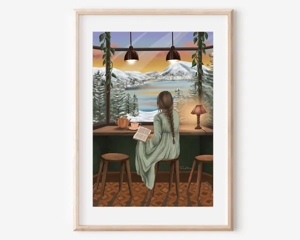 Romanticism Cozy Cafe Girl Reading Art Print