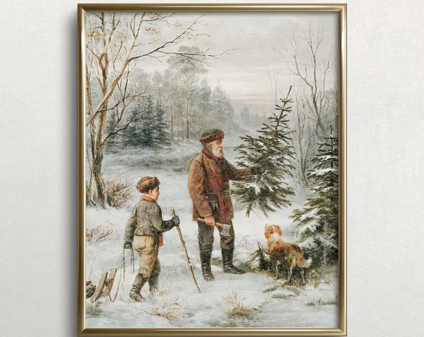 Christmas Tree Cutting, Vintage Winter Art Print