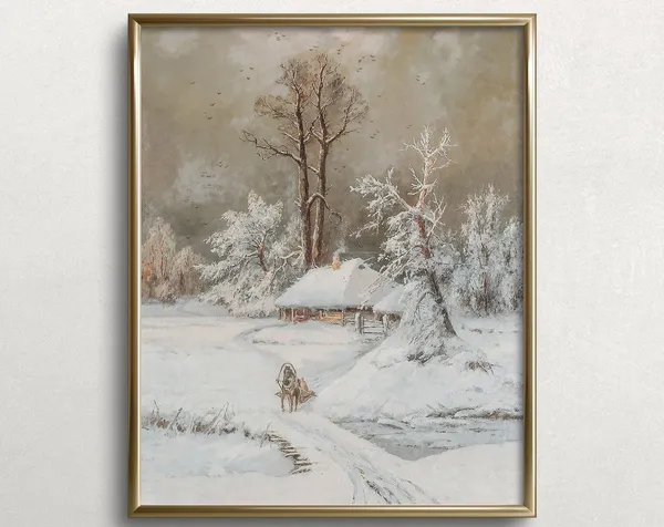 Winter Sleigh Ride Vintage Cottage Landscape Art Print