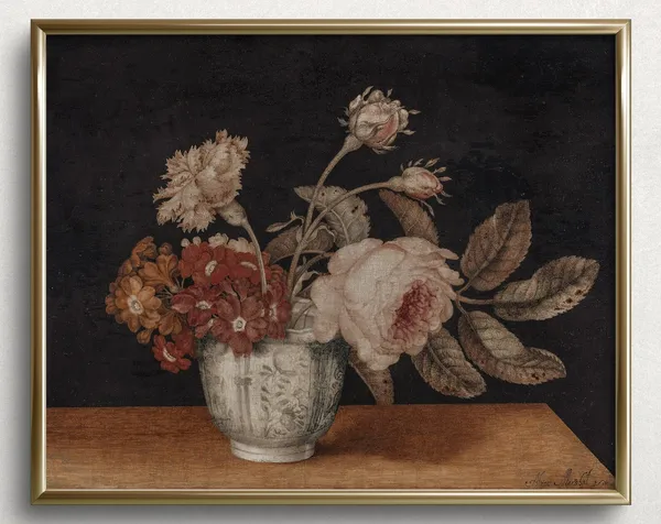 Tabletop Florals Still Life, Vintage Floral Art Print