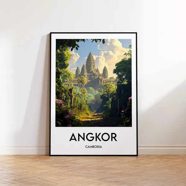 Angkor Wat Vintage Travel Poster, Cambodia Temple Art