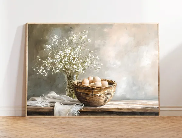 Basket of Eggs Painting, Farmhouse Kitchen Art Print
