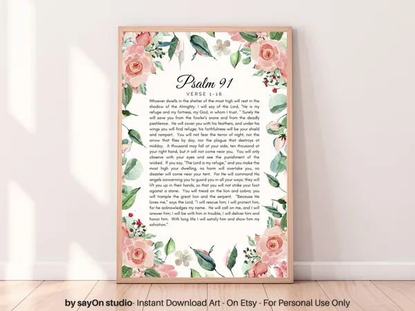 Psalm 91, Pink Blush Floral Margin Poster Print