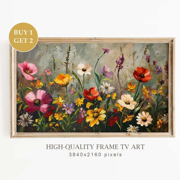 Moody Wildflowers Meadow Painting, Spring Decor