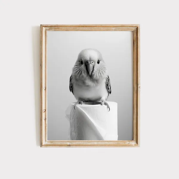 Budgie Bathroom Art Print, Black And White Decor