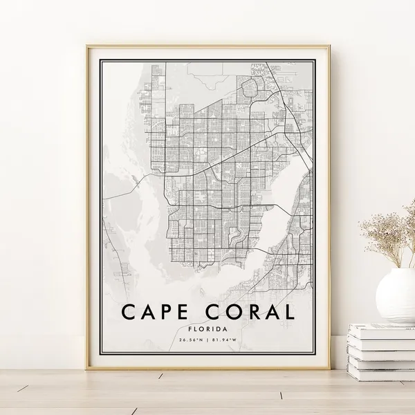 Cape Coral Map Print, Retro Minimalist Travel Poster