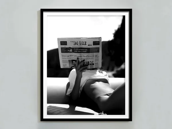 Woman Reading Newspaper, Black And White Vintage Poster