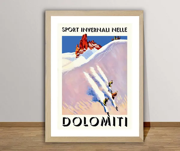 Dolomiti Vintage Travel Poster, Winter Sports Artwork