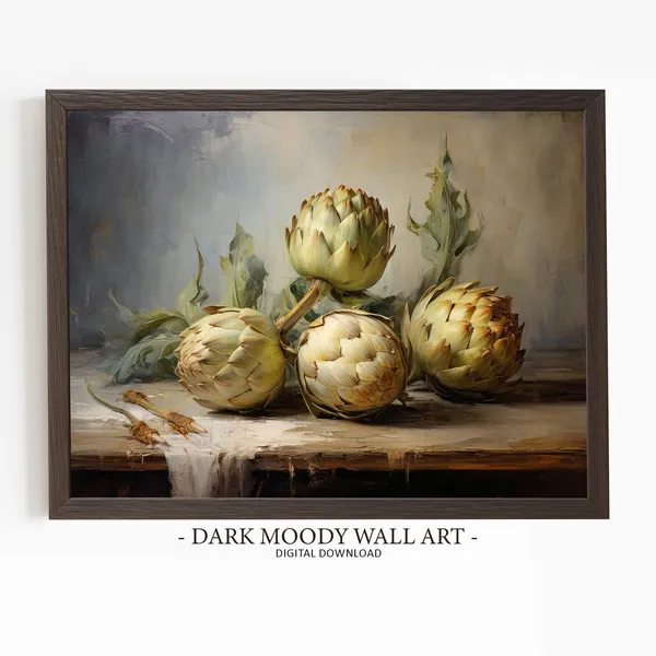 Moody Artichoke Painting, Vintage Fruit Still Life