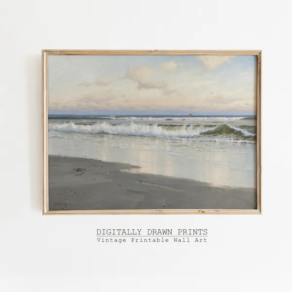 Antique Beach Neutral Seascape, Vintage Art Print