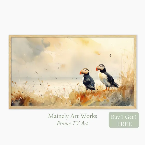 Seascape Puffin Art For Frame TV, Coastal Decor
