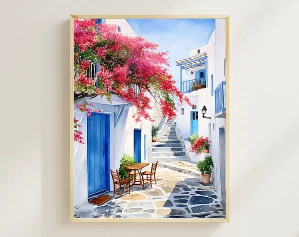 Santorini Street Watercolor Travel Poster, Greek Isle