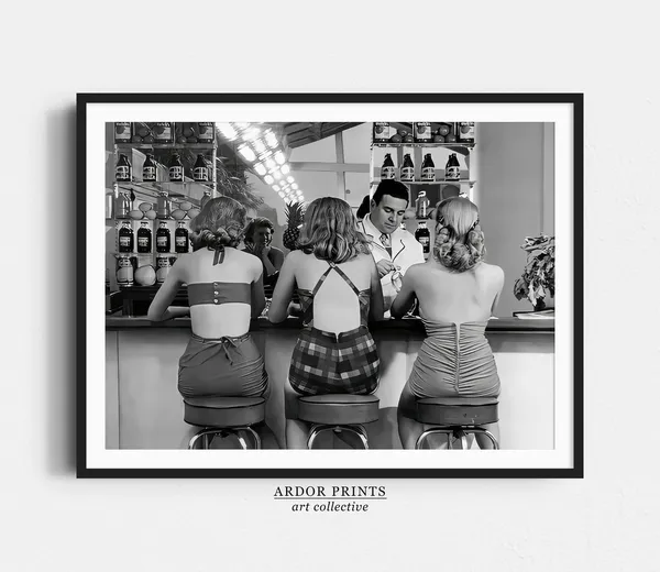 Women Drinking at Bar, Vintage Black and White Art Print