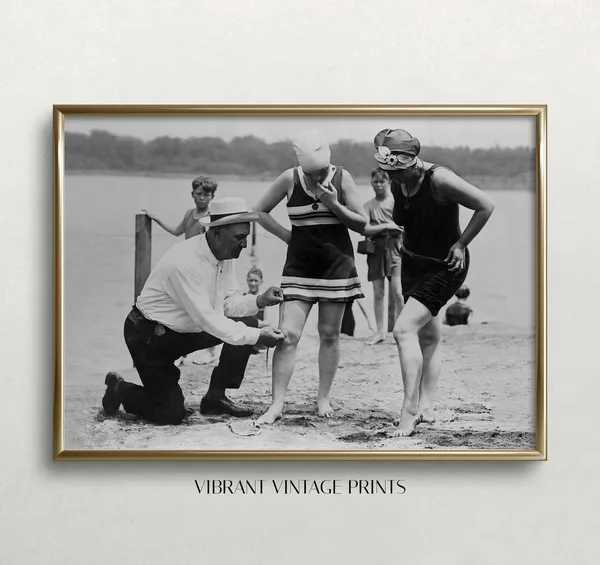 Beach Cop Measuring Swimsuits, Vintage Beach Art Print