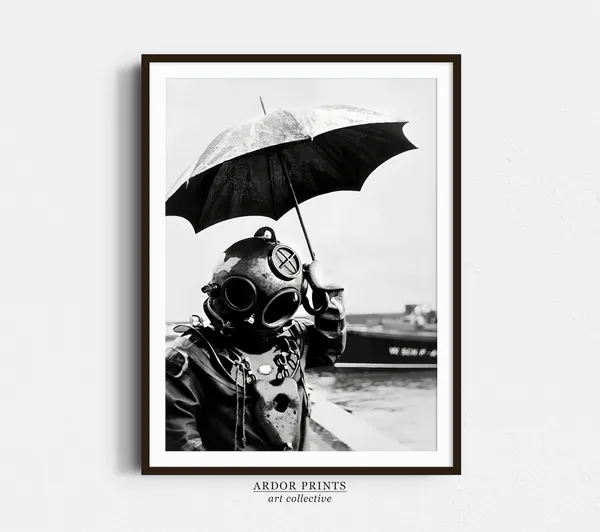 Deep Sea Diver Holding Umbrella, Vintage Paris Poster