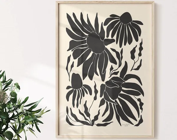 Abstract Floral Art Print, Black Beige Botanical Decor