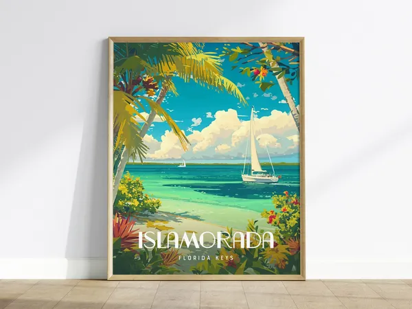 Islamorada Florida Keys Travel Poster, Sailboat Beach Scene