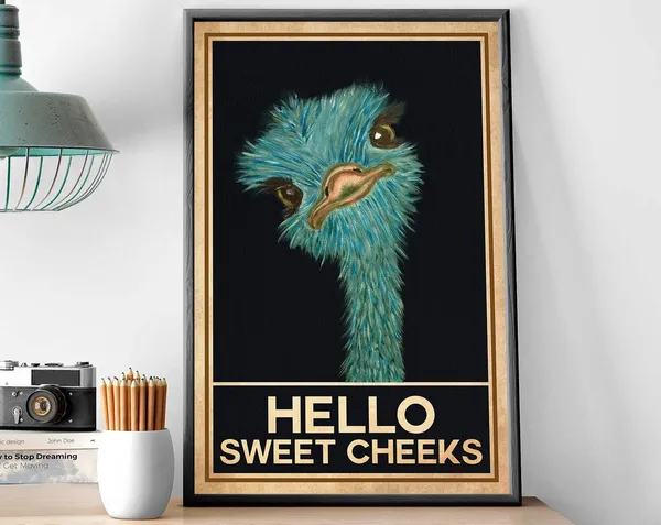 Ostrich Hello Sweet Cheeks Vintage Bathroom Poster