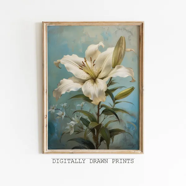 White Lily Antique Oil Painting, Vintage Meadow Print