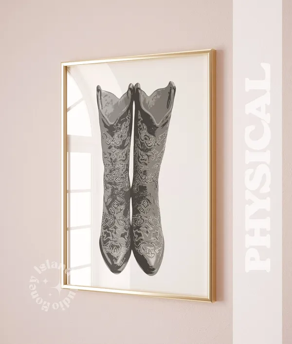 Neutral Cowgirl Cowboy Boots Art Print, Western Decor