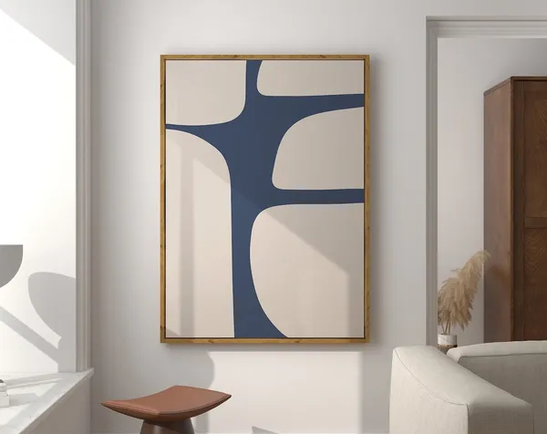 Mid-Century Minimalist Beige And Blue Abstract Art Print