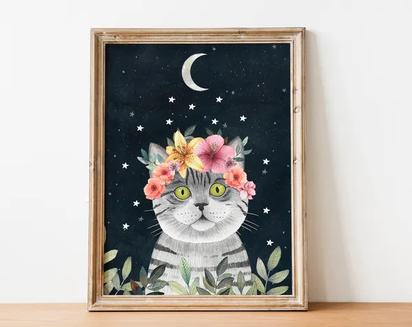 Tabby Cat Floral Nursery Wall Art Print