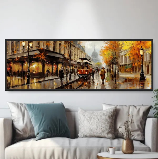 European Tram Street Scene, Vintage Travel Poster