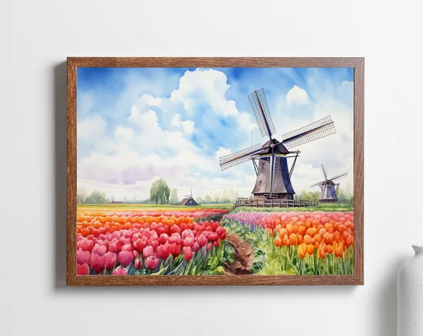 Windmill Tulip Field Watercolor Travel Poster, Netherlands