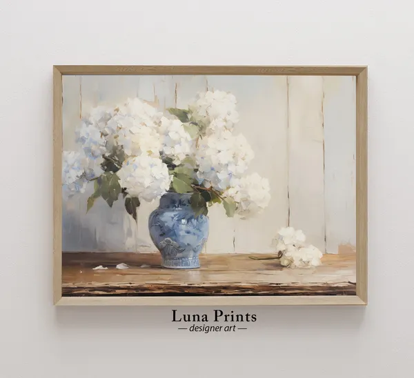 Ginger Jar Art Print, Blue and White Floral Vintage Hydrangea