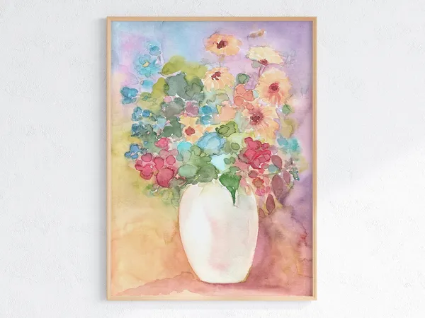 Flowers In Vase Watercolor Art Print, Botanical Bouquet