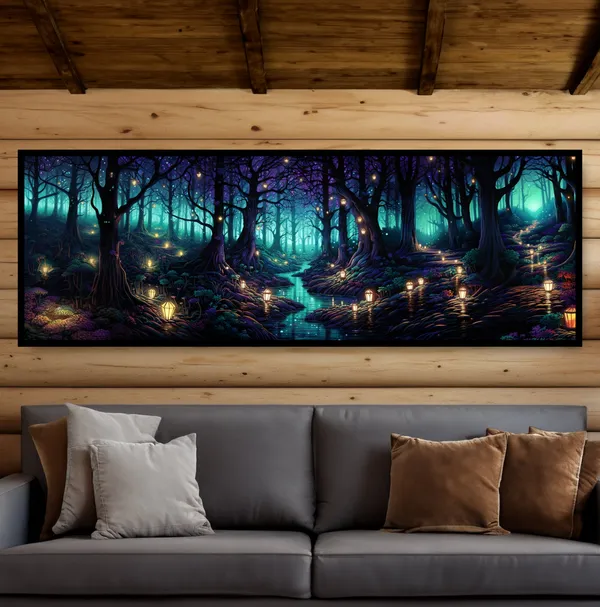 Enchanted Forest Fantasy Art Print, Glowing Lanterns