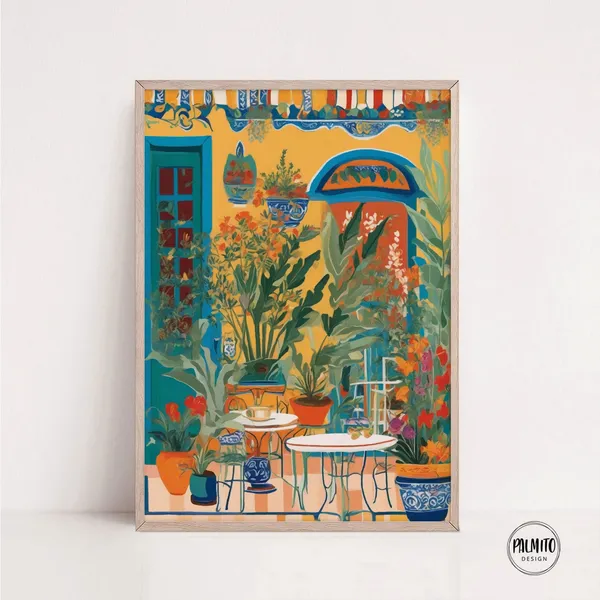 Colorful Coffee Shop Facade Art Print, Cafe Plants