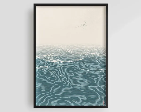 Out At Sea Japanese Waves, Japandi Travel Poster