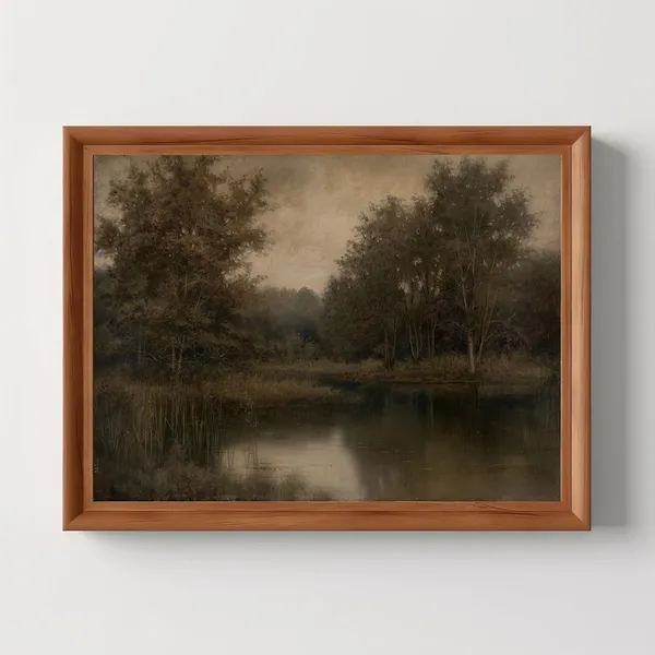 Moody Trees Lake Vintage Landscape Art Print