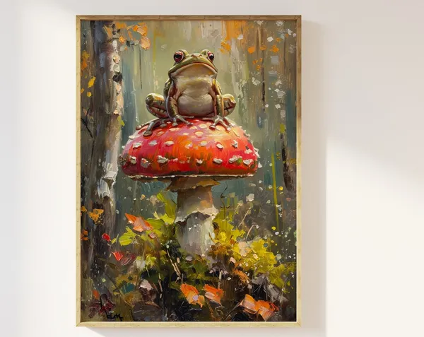 Frog Sitting on a Mushroom, Cottagecore Art Print