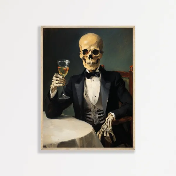 Skeleton Cocktail Vintage Art Print, Goth Bar Decor