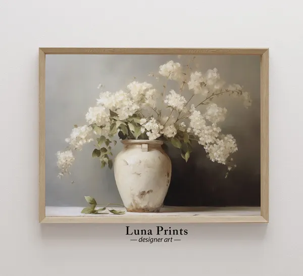 Hydrangeas Vintage Vase Muted Toned Wall Art Print