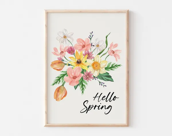 Hello Spring Watercolor Flowers Art Print